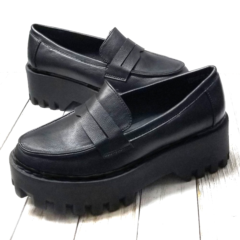 New Black Platform Slip On Chunky Penny Loafers - Picture 2 of 4